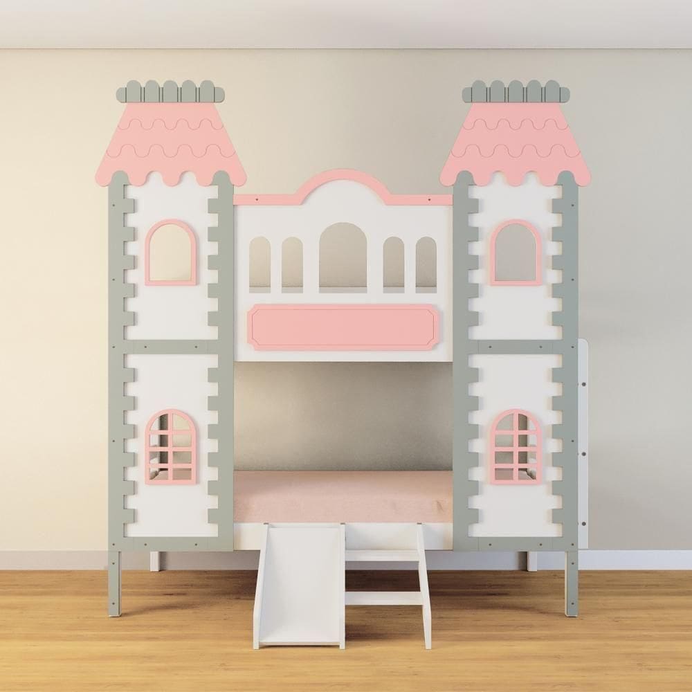 Beliche Castelo Encantado Com Kit Escada/escorregador - Madeira Maciça Branco/cinza/rosa Housin