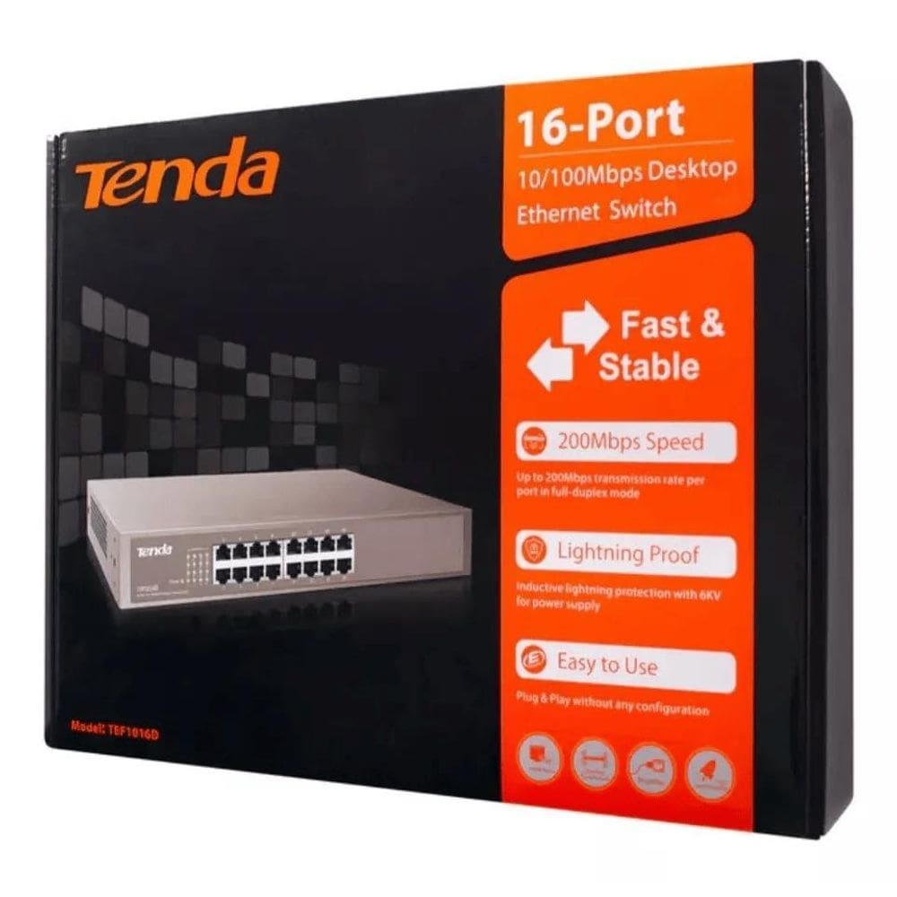 Hub Switch 16 Portas Ethernet 10/100Mbps Rack Tenda Tef1016D