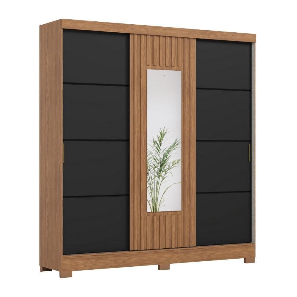 Guarda Roupas Casal 3 Portas De Correr Com Espelho Ripado 2 Gavetas Lotus Madeirado / Preto