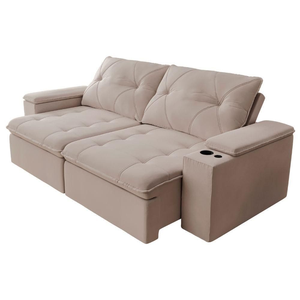 Sofá Retrátil E Reclinável 4 Lugares 2,52m C/ Porta Copos Entrada Usb Veludo San Diego Off White
