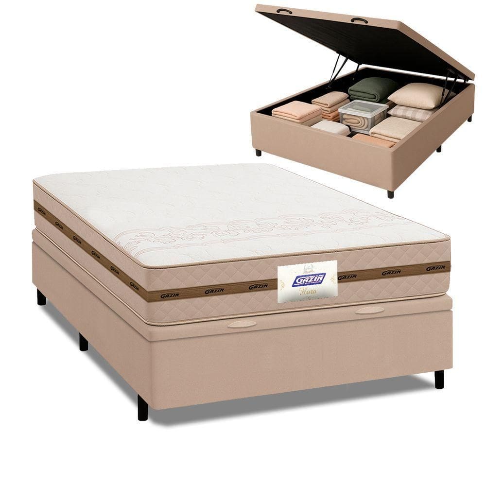 Cama Box Baú Casal Colchão Molas Flora Bege 138x188x61cm Marrom