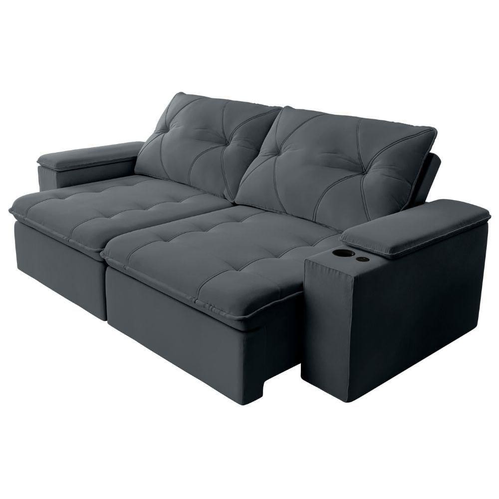 Sofá Retrátil E Reclinável 3 Lugares 2,12m C/ Porta Copos Entrada Usb Veludo San Diego Cinza