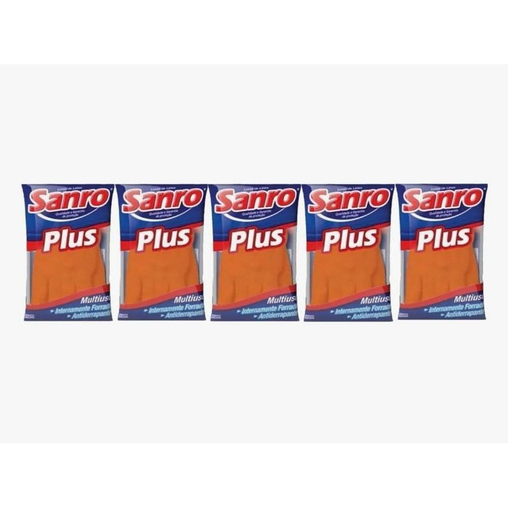 Kit 5 Luva De Borracha Sanro Plus Laranja - M