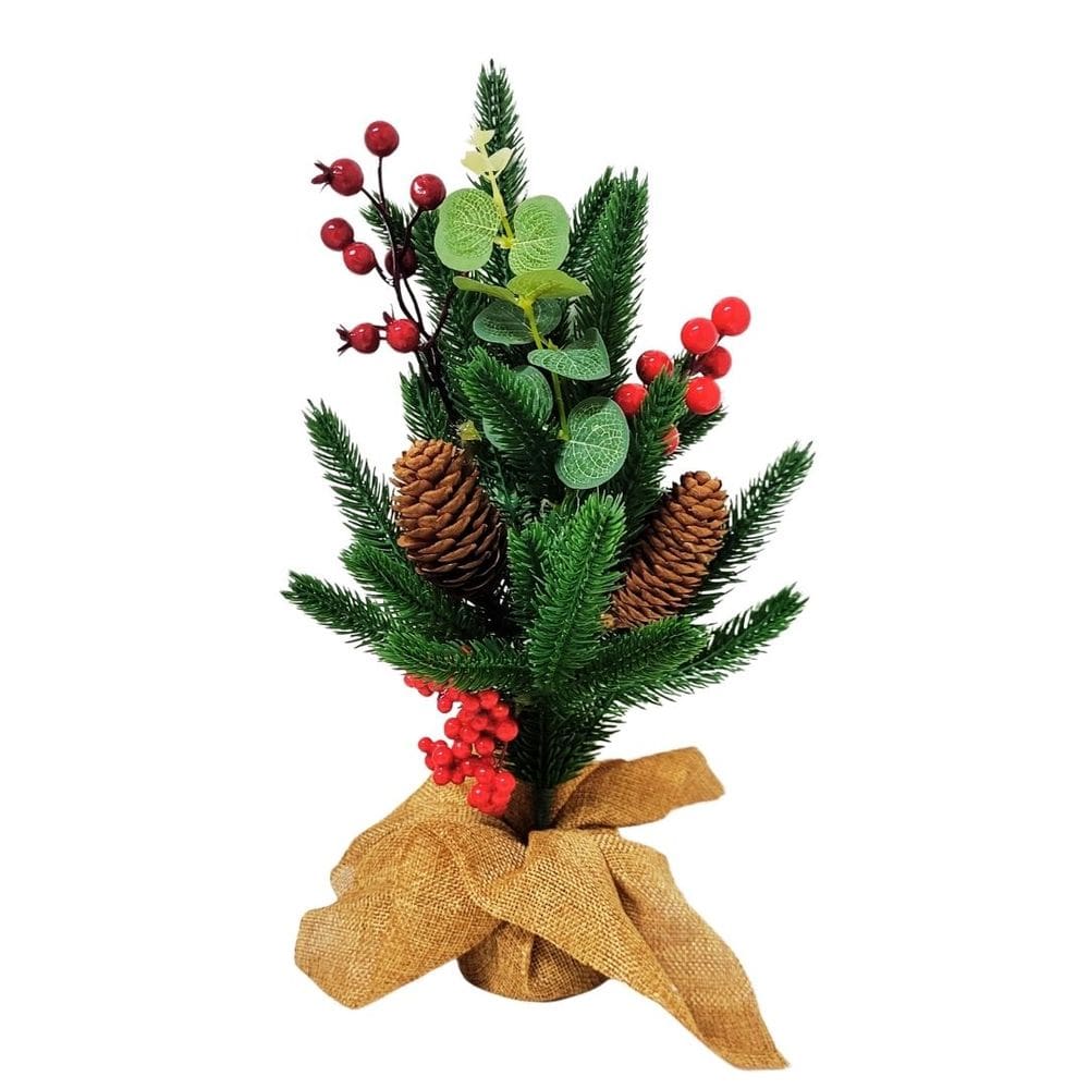 Pinheiro Decorativo Luxo Pinhas e Azevinho Base Linho Juta 40cm - Bela Flor