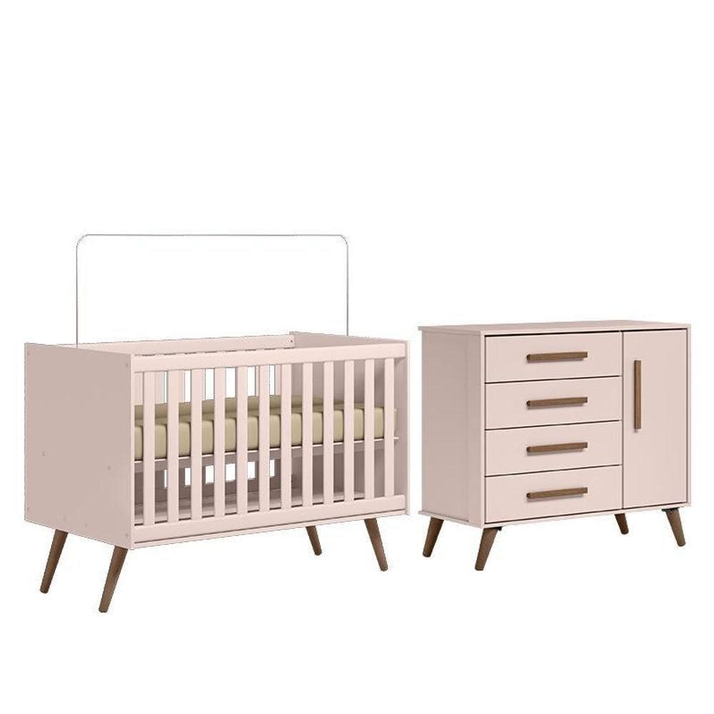 Jogo De Quarto Infantil Q Retrô Com Cômoda E Berço Rosa - Qmovi Rosa