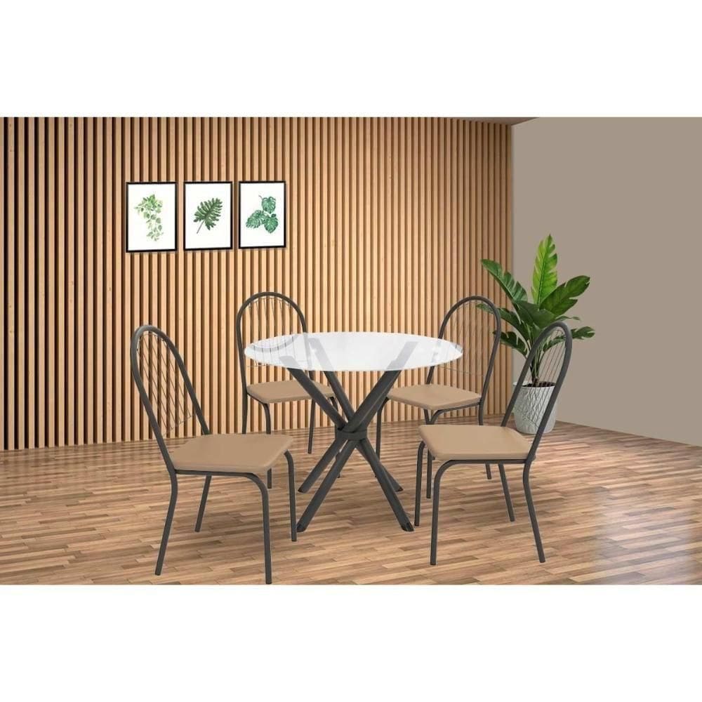 Conjunto: Mesa Sala Jantar Volga C- Tampo De Vidro 95cm E 4 Cadeiras Noruega Preto - Capuccino - Kappesberg