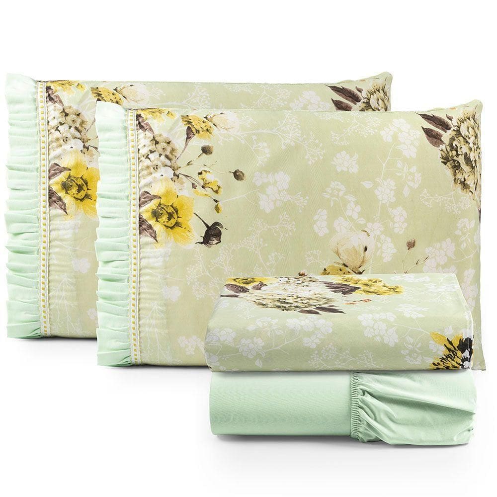 Jogo Cama Lençol Fiore Queen Estampado 180 Fios 100% Algodão Com Babadinho 4 Peças Verde Floral