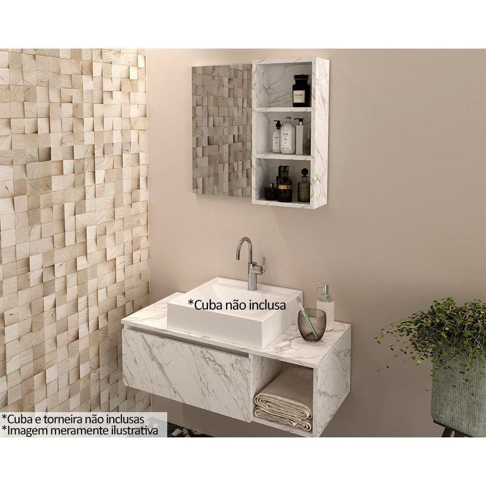 Armário C- Balcão Banheiro Suspenso Bn3601 S- Cuba 80cm E Espelho Bn3609 Mármore Branco - Tecno Mobili