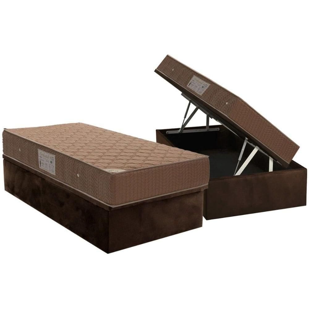 Cama Box Baú Solteiro: Colchão Molas Bonnel Ortobom Nanolastic Orthotel + Base Crc Suede Brown (88x188)