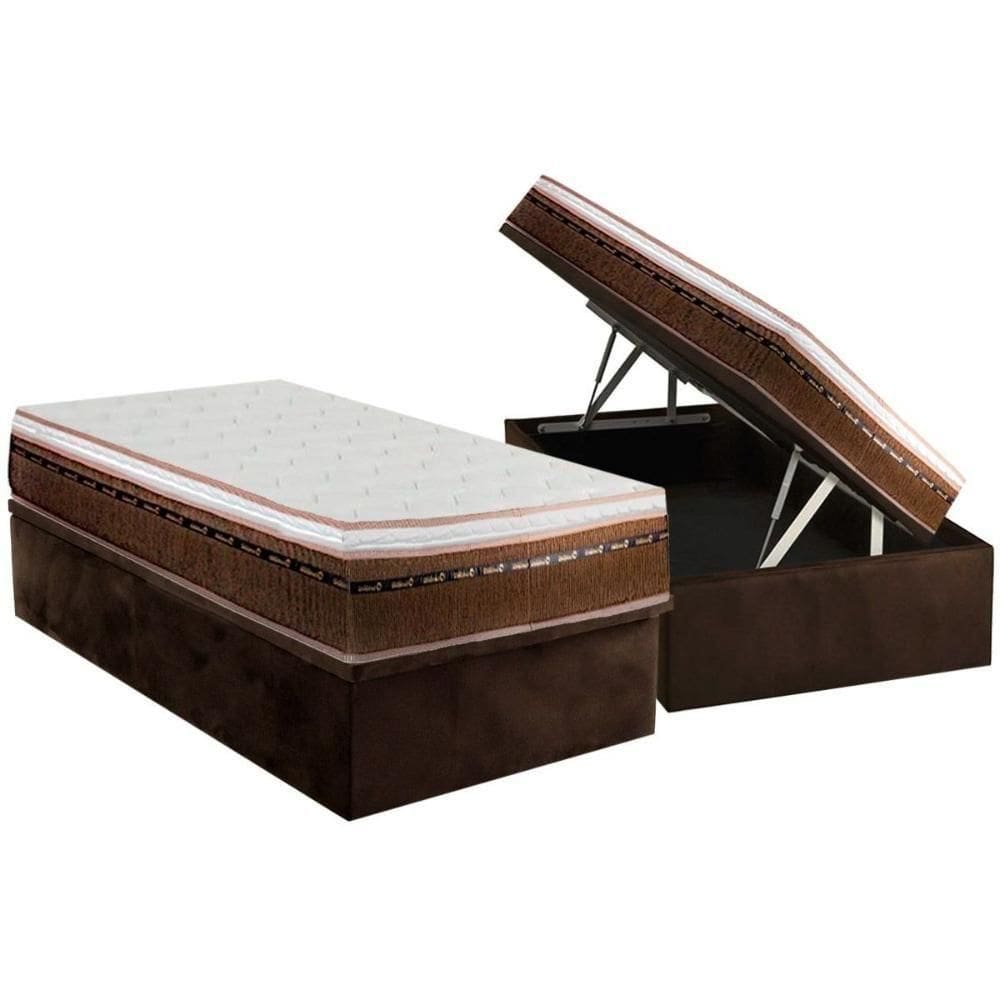 Cama Box Baú Solteiro: Colchão Molas Ensacadas Luckspuma New Comfort + Base Crc Suede Brown (88x188)