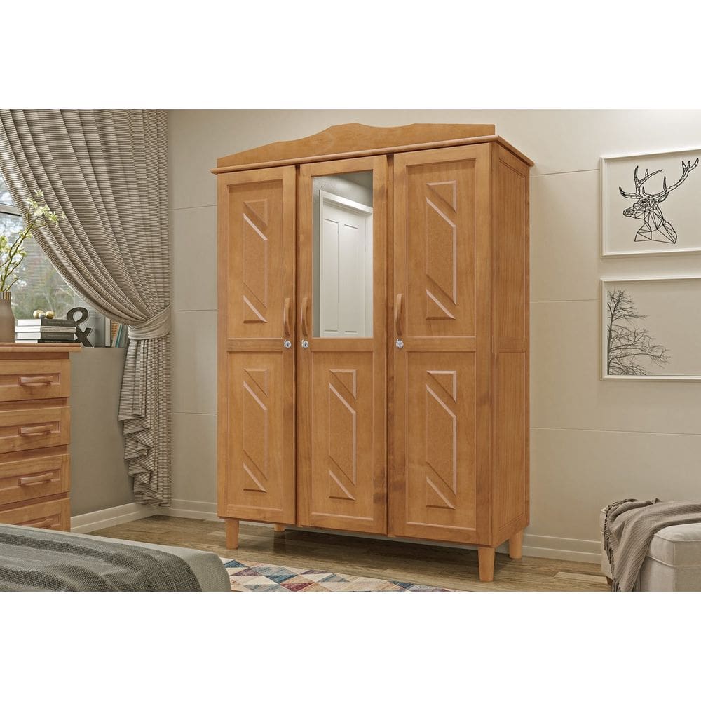 Guarda-Roupa Solteiro 3 Portas 3 Gavetas Internas com Espelho Brasil em Madeira - Cavazotto