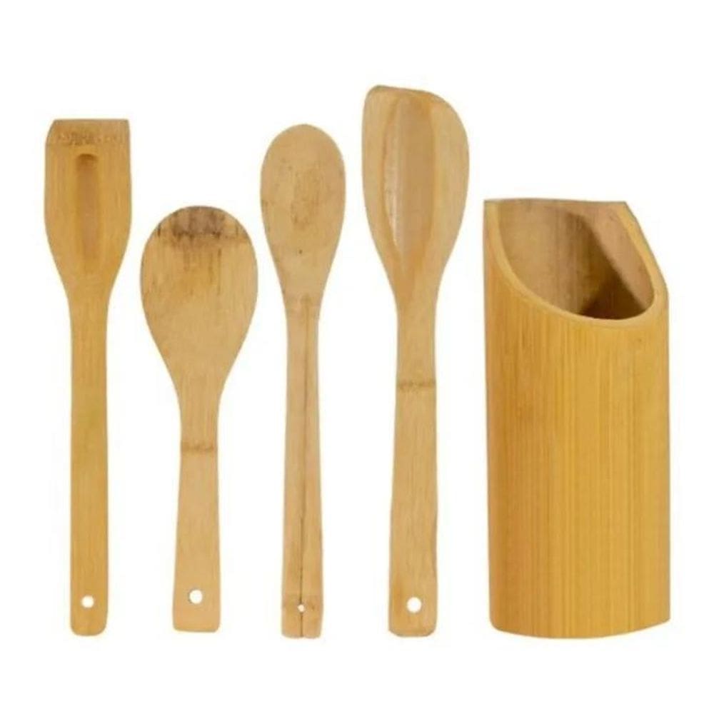 10X Kit Culinario Colher De Bambu  Pau  E Suporte Cor Marro