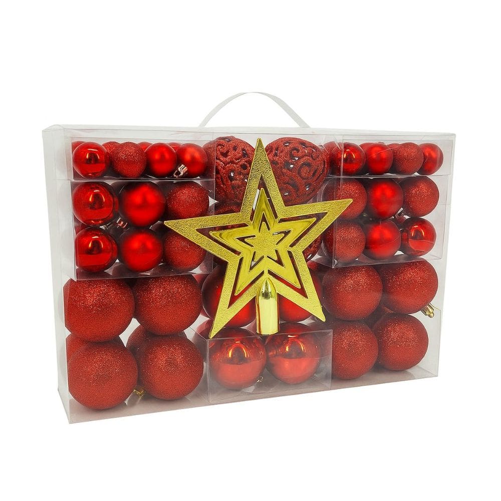 Maleta 100 Bolas de Natal Vermelho Mistas Luxo e Ponteira  Diversos Tamanhos Glitter, Fosca, Brilho e Arabesco