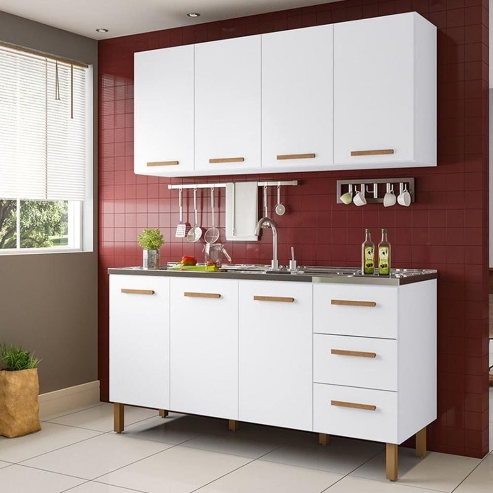 Armário De Cozinha Com Balcão Fortaleza 3 Portas Branco