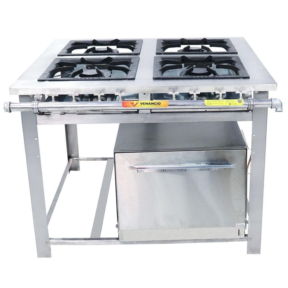 Fogão Industrial Venâncio 4 Bocas Duplas a Gás GLP Baixa Pressão Inox com Forno Maxi MI4D4F-GLP