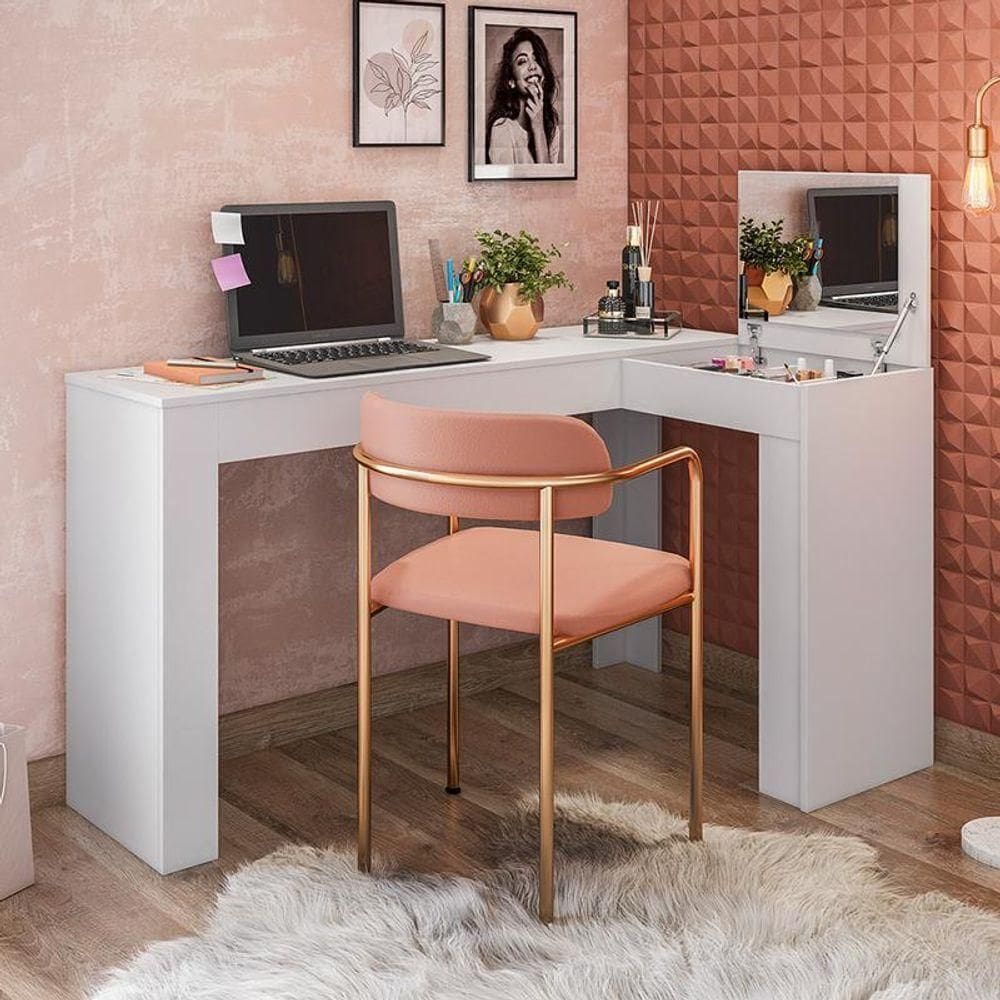 Escrivaninha De Canto Com Penteadeira Jade Com Tampa Basculante Nicho Organizador Espelho - Branco Fosco