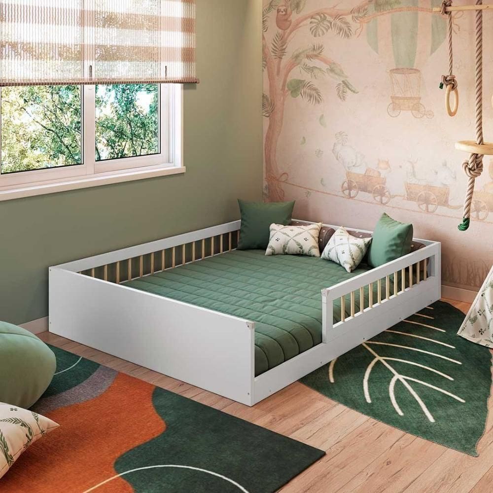 Cama De Chão Montessoriana Infantil Casal Proteção Lateral Branco