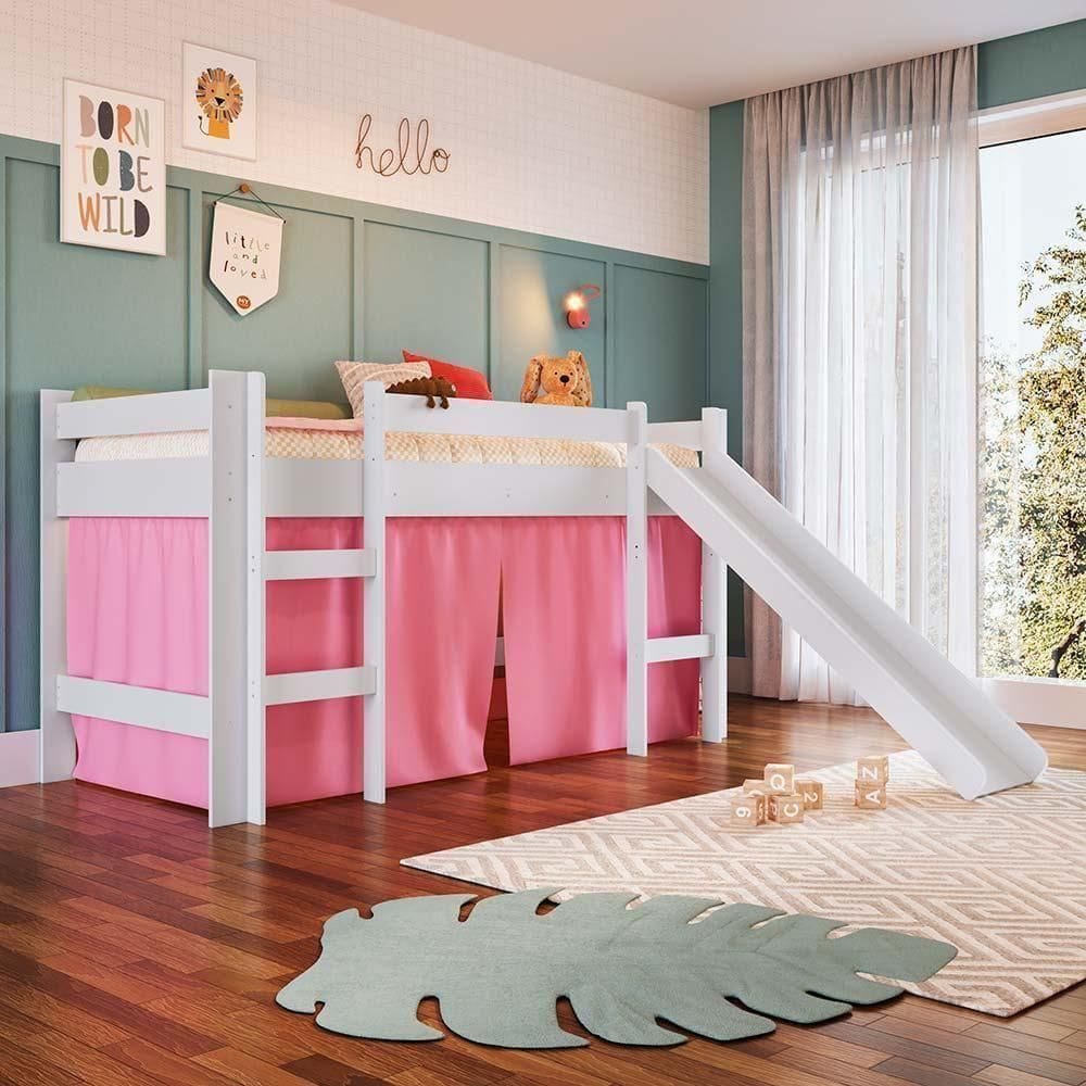 Cama Infantil Menina Casinha Solteiro Com Escorrega Cortina - Branco Com Cortina Rosa