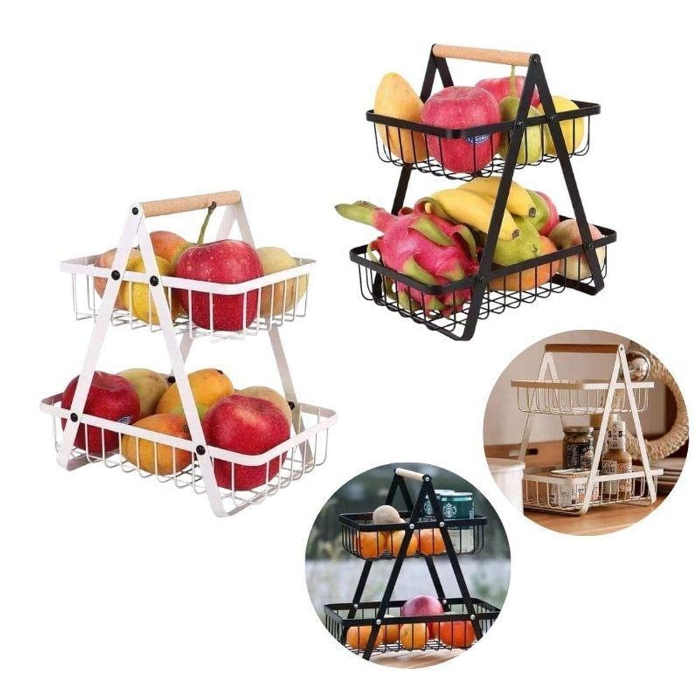 Fruteira De Metal Multiuso 02 Andares Com Alça Em Madeira