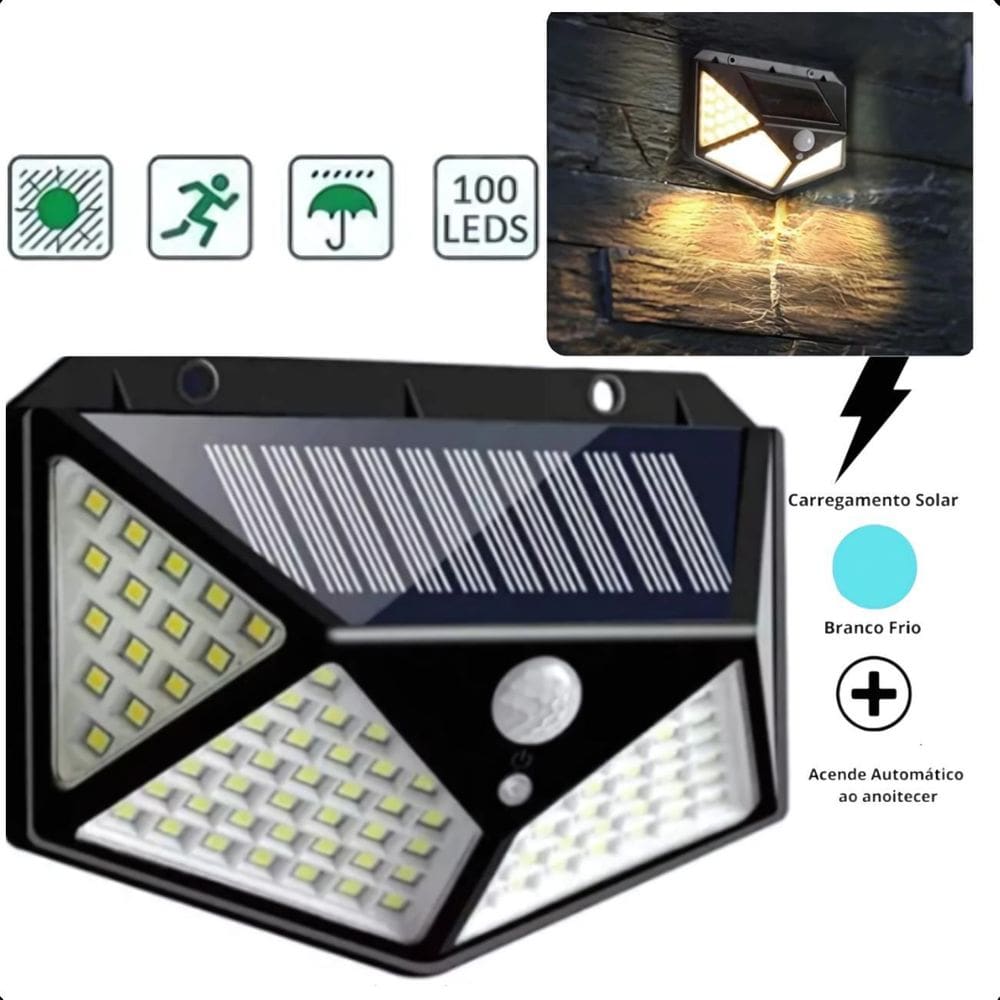 Luminária Solar De Parede 100 Leds Sem Fio Potente