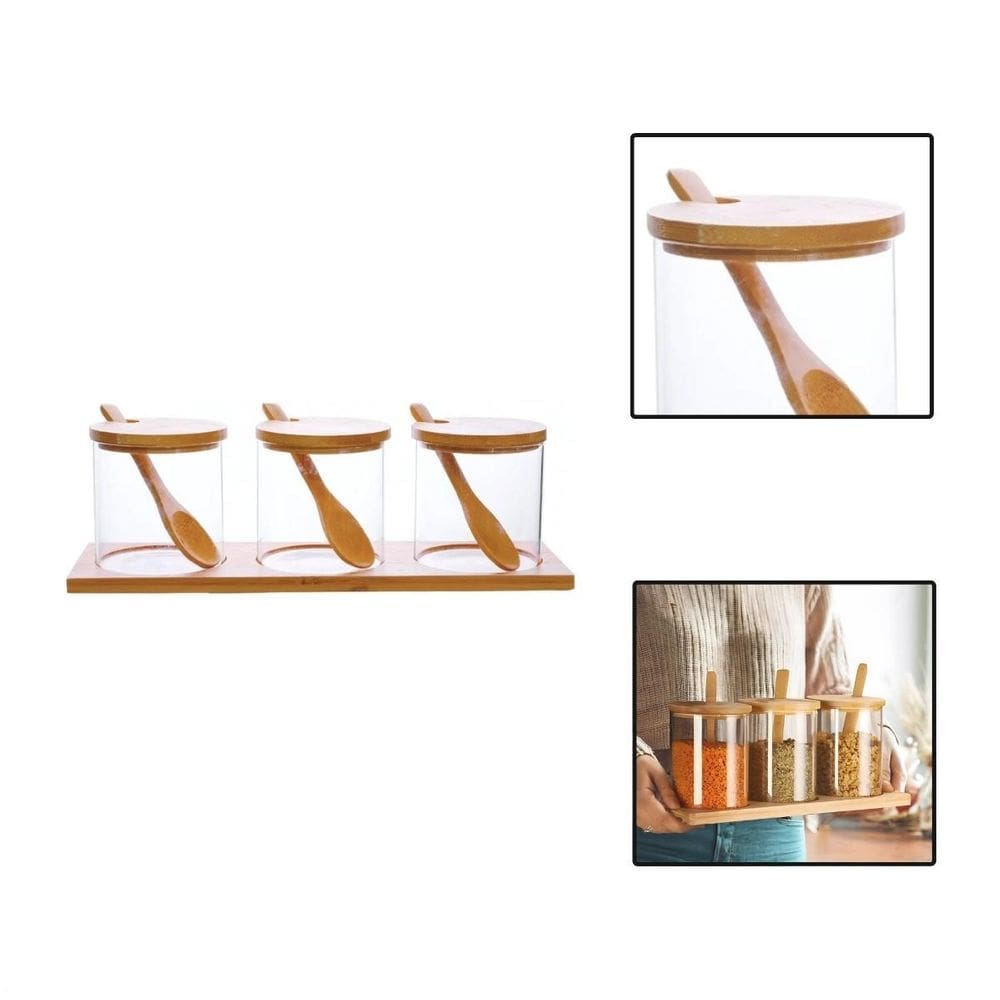 3 Porta Condimentos Com Tampa Colher Suporte Bambu 320Ml