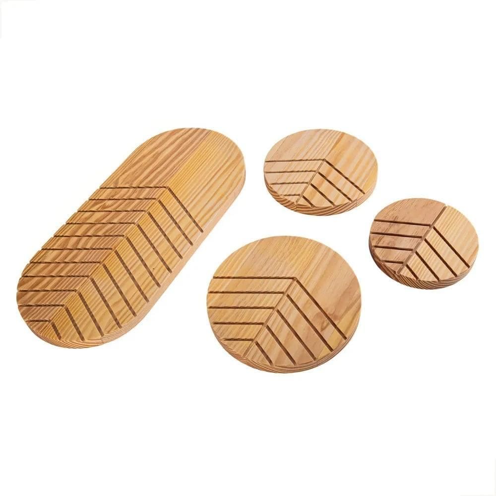 Kit 4 Jogo Descanso De Panela E Travessa Em Madeira Geométri