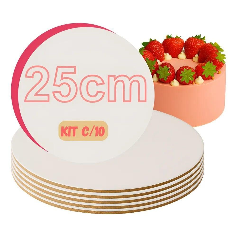 Cakeboard Bolo Mdf 3Mm Redondo 25Cm Branco 10 Unid .