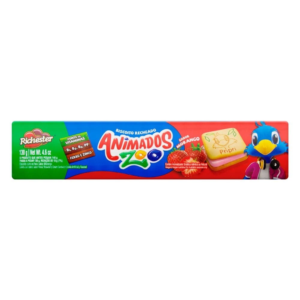 Biscoito Recheado Richester Animados Zoo Sabor Morango 130g