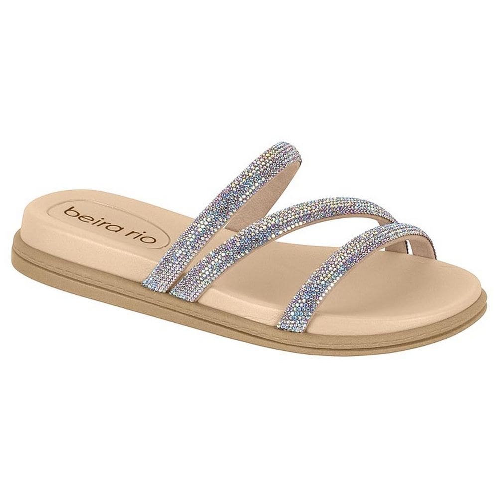 Chinelo Beira Rio Slide Tiras De Brilho Prata 8488.108
