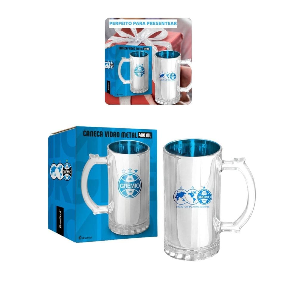 Caneca Vidro Reforçado Metalic 480Ml Cerveja Grêmio Oficial