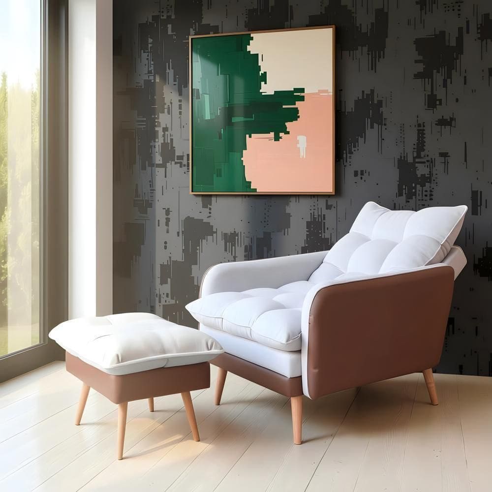 Poltrona Reclinável 3 Posições Com Puff Roma Em Linho Premium Bege Caramelo Com Puff Roma