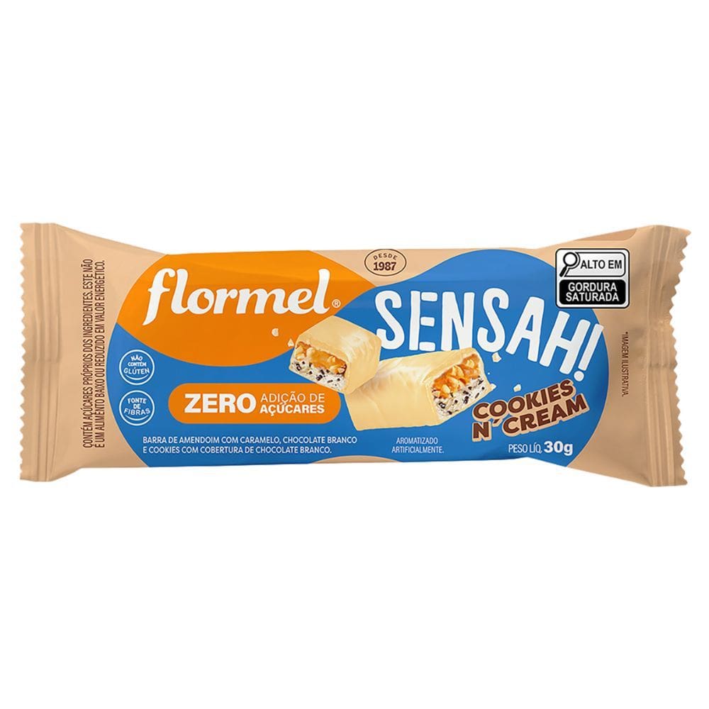 Barra de Amendoim Flormel Sensah! Cookies n`Cream com Cobertura de Chocolate Branco 30g