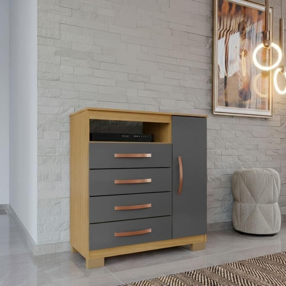 Cômoda Com Sapateira Infantil Tv Quarto 4 Gavetas 1 Porta Carvalho Grafite