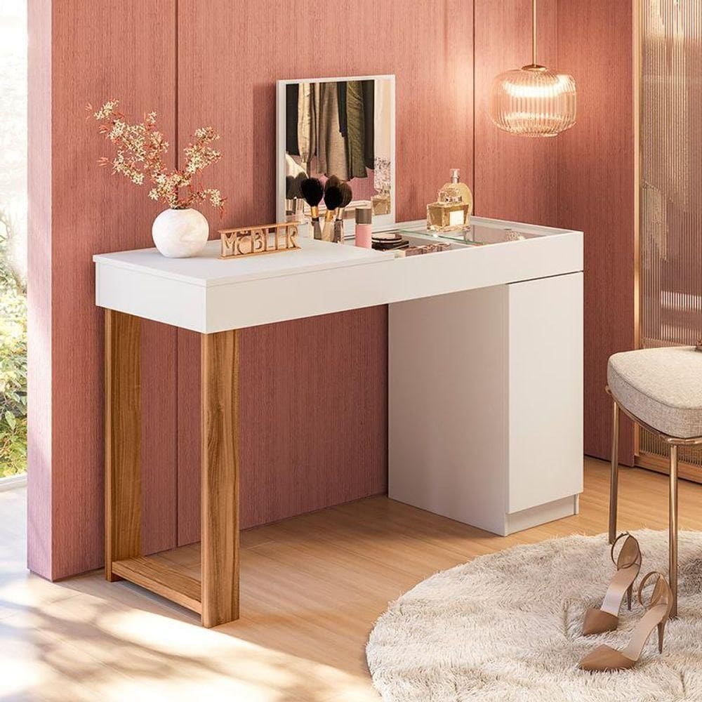 Escrivaninha Penteadeira Love Vidro De Correr Espelho Prateleira E Nicho ? Design Moderno - Branco - Cinamomo