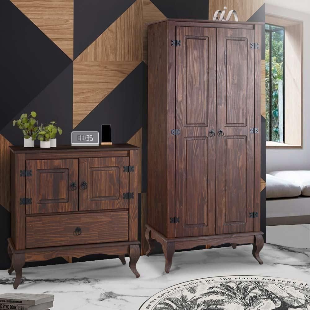 Guarda Roupa 2 Portas Cômoda Pequena Madeira Maciça Marrom