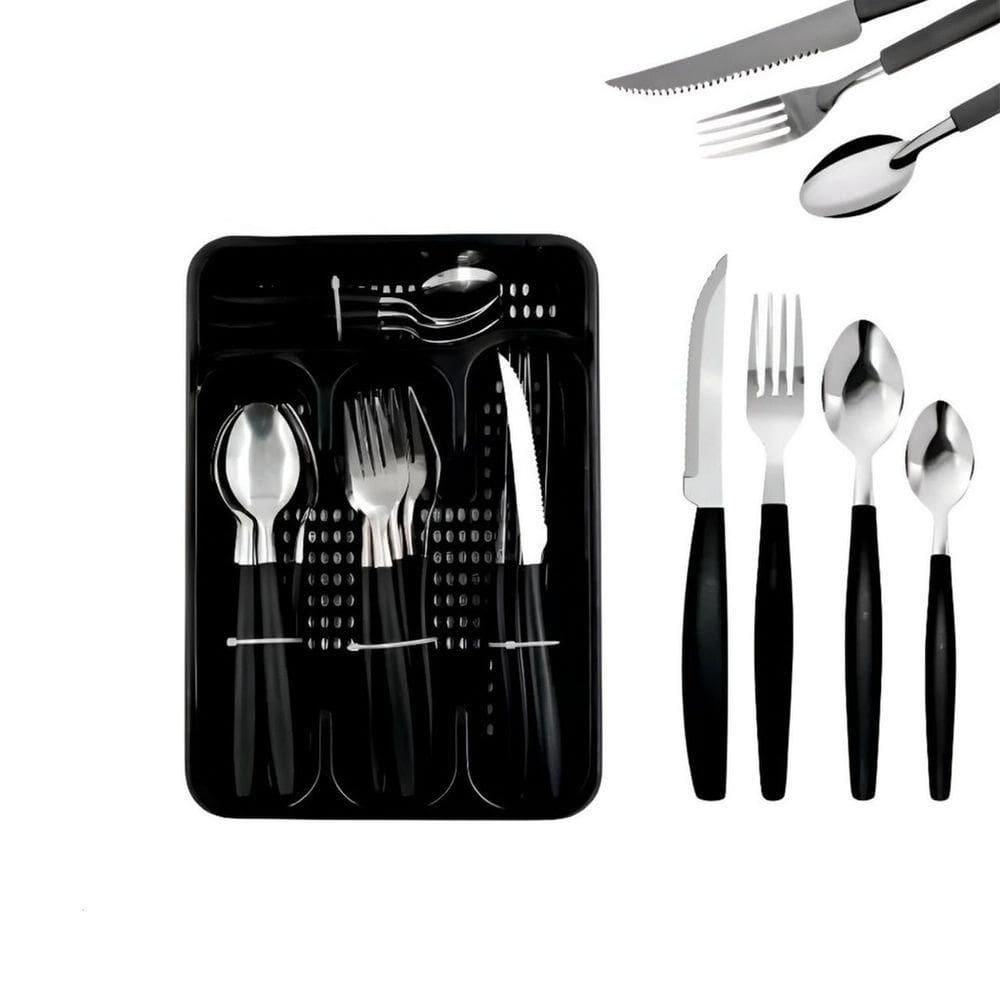 Kit Jogo De Faqueiro 25 Peças Com Porta Talheres Preto