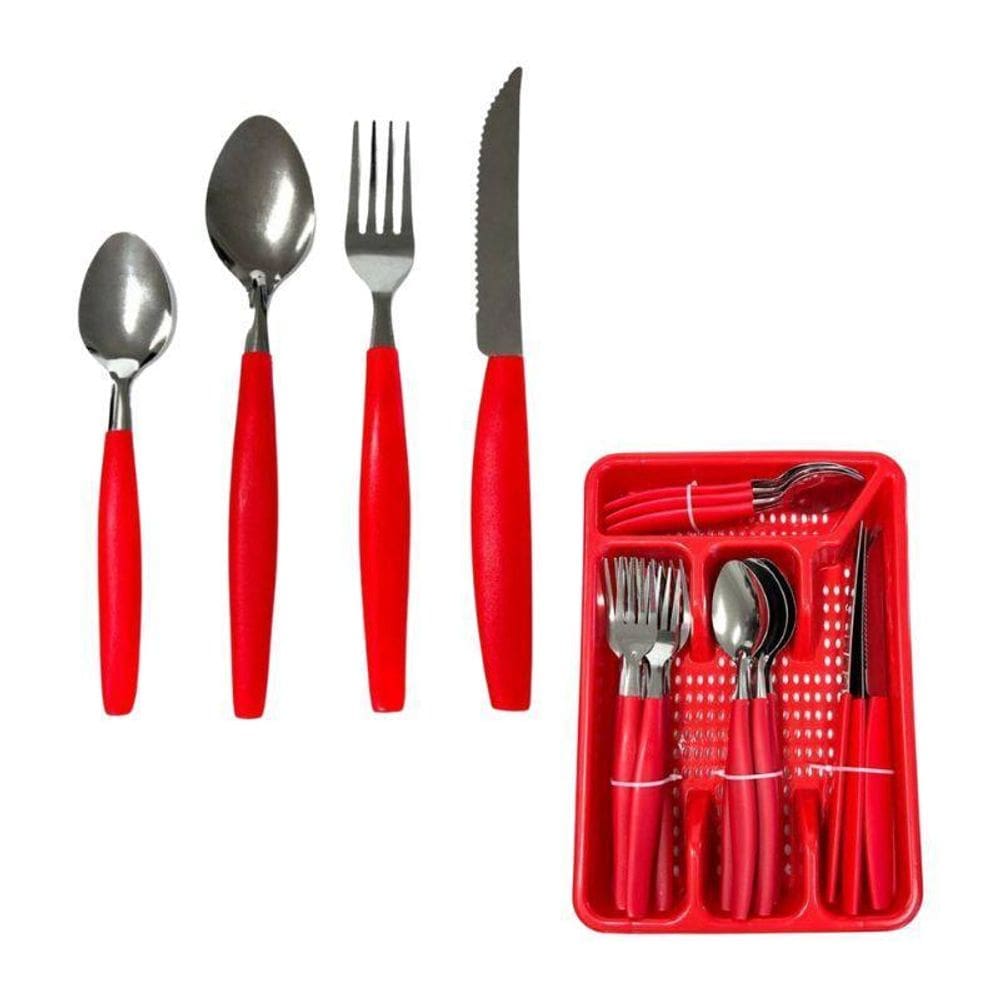 Faqueiro Vermelho 24 Peças Porta Talheres Faca Garfo Colher