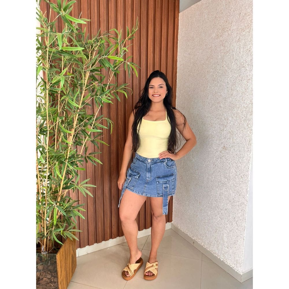 Short Saia Jeans Cargo Curto Barra Feita Crisconf