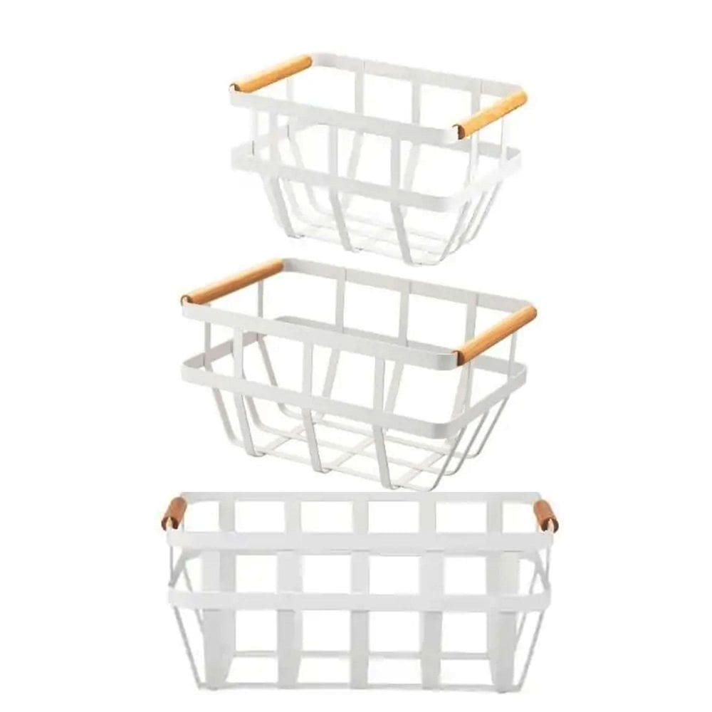 Kit 3 Cesto De Metal Com Alca De Bambu Frutas Branco
