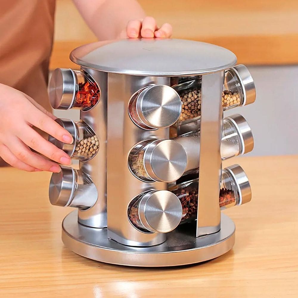 Conjunto Porta Condimento Giratório Vidro Tampa Inox Cozinha
