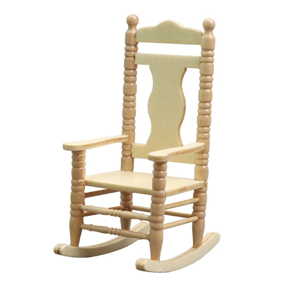 Cadeira de balanço em miniatura Dollhouse de madeira vintage em escala 1/12