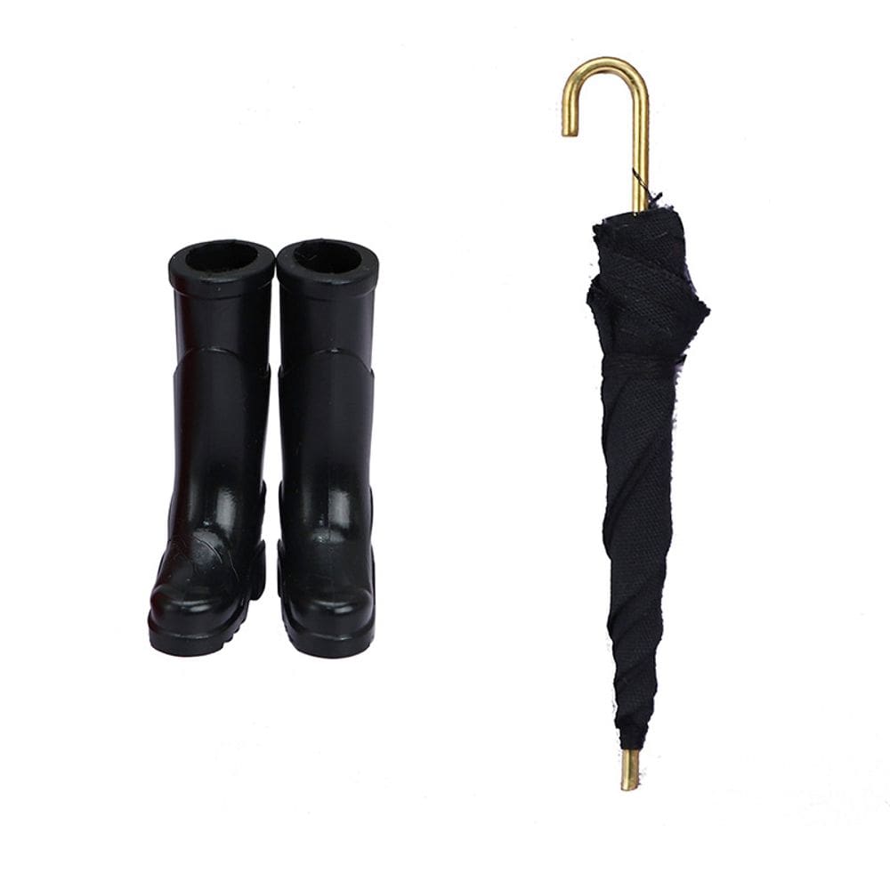 Conjunto de móveis Dollhouse, botas de chuva e guarda-chuva, escala 1/12