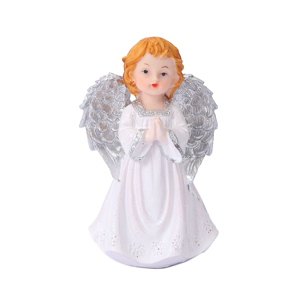 Estatueta de resina de anjo orando 13 cm com asas prateadas