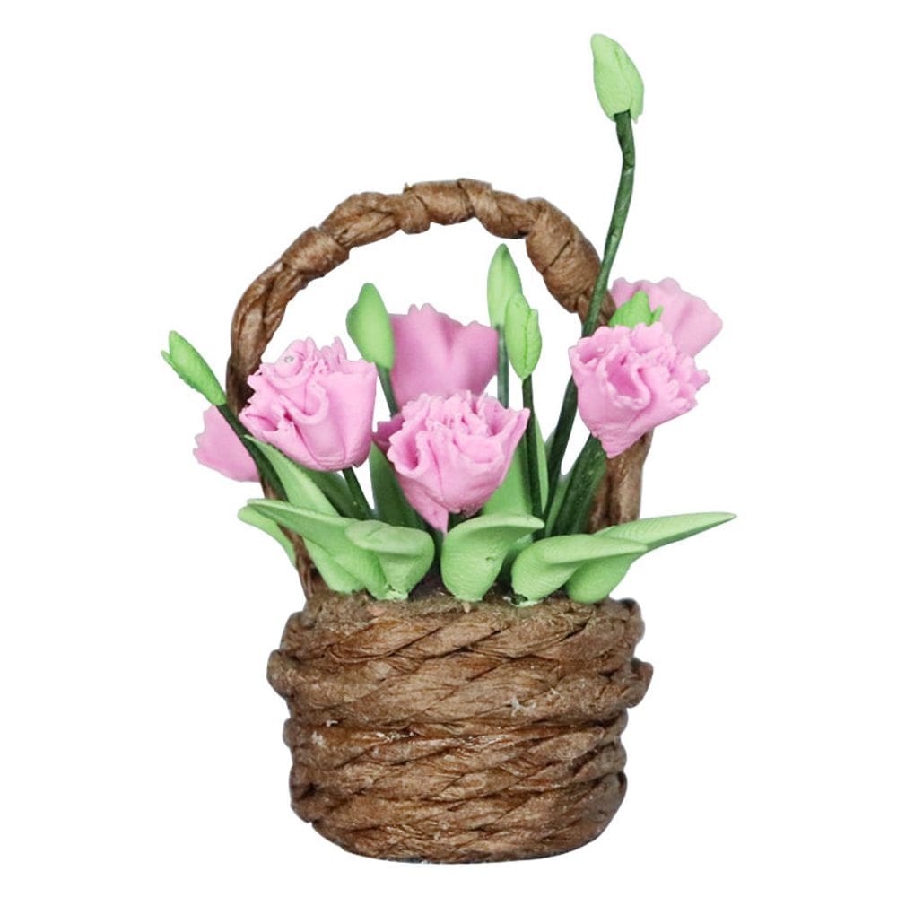 Cesta de flores em miniatura para casa de bonecas em argila de resina rosa em escala 1:12