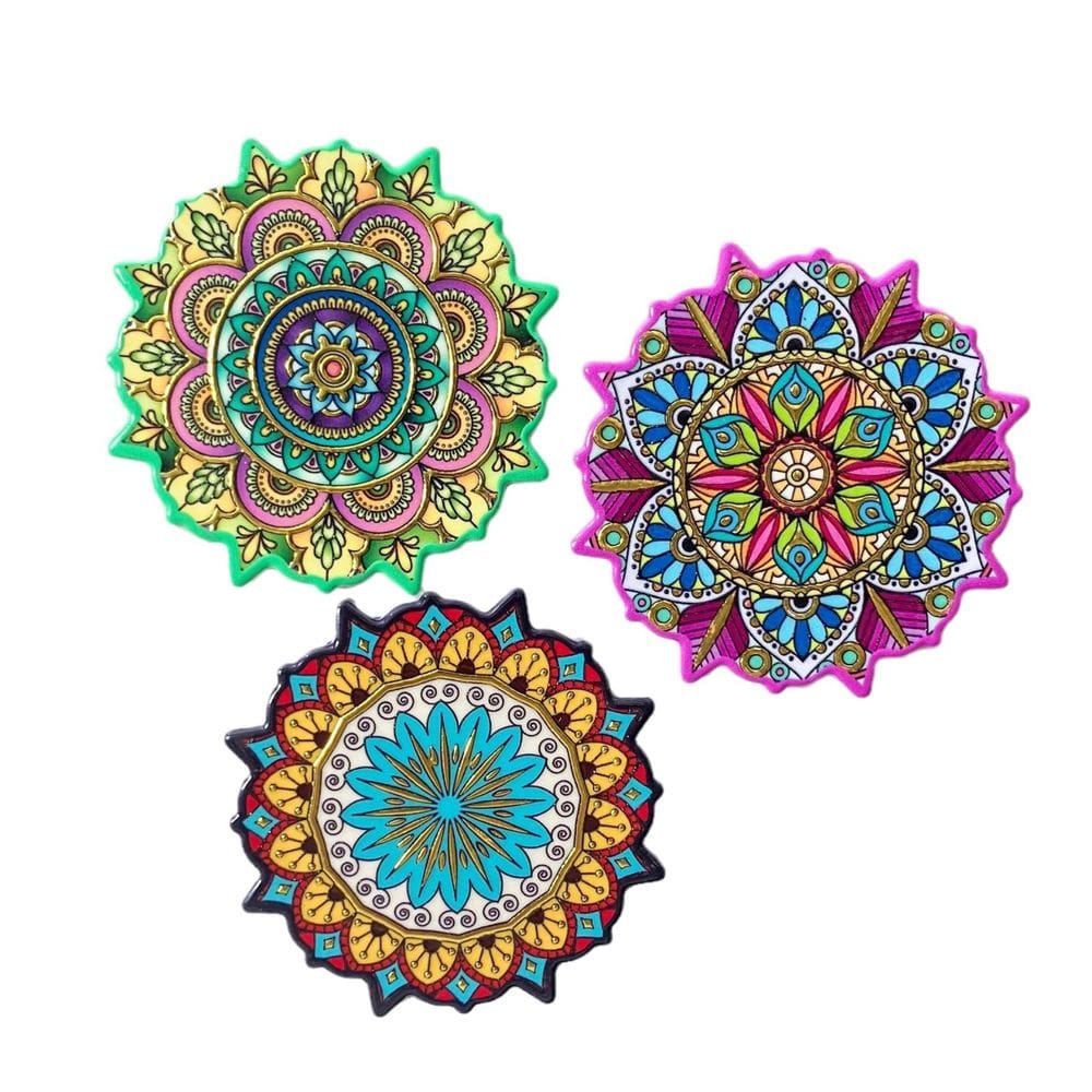 Ímãs de geladeira, resina 3D, mandala, flor colorida, 3 peças