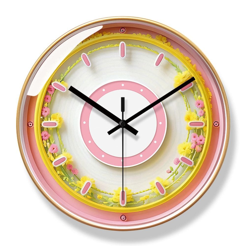 Relógio de parede floral, espelho de plástico silencioso e antiaderente de 30 cm