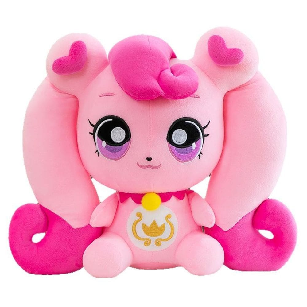 Desenho de boneca de pelúcia de 35 cm com olhos grandes e detalhes de coração