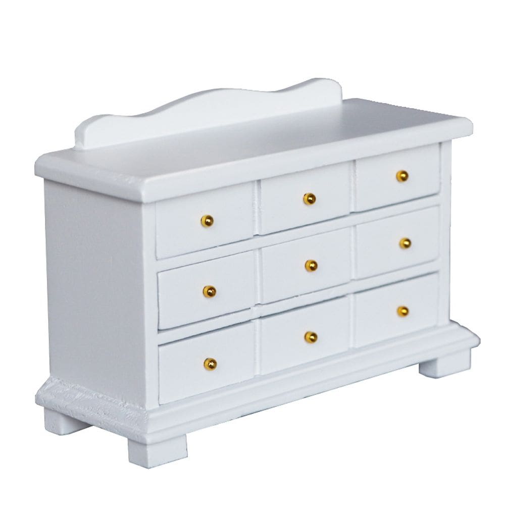 Armário de cômoda em miniatura de madeira branca em escala 1:12 para casa de bonecas