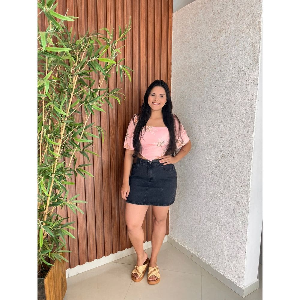 Saia Jeans Preto Com Cinto Barra Feita Bolsos Crisconf