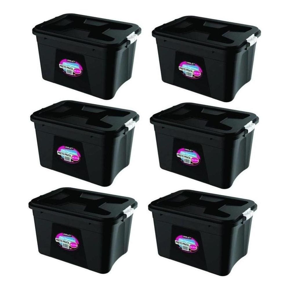 Kit 6 Caixas Organizadoras 56 Litros Travas Preta Uninjet